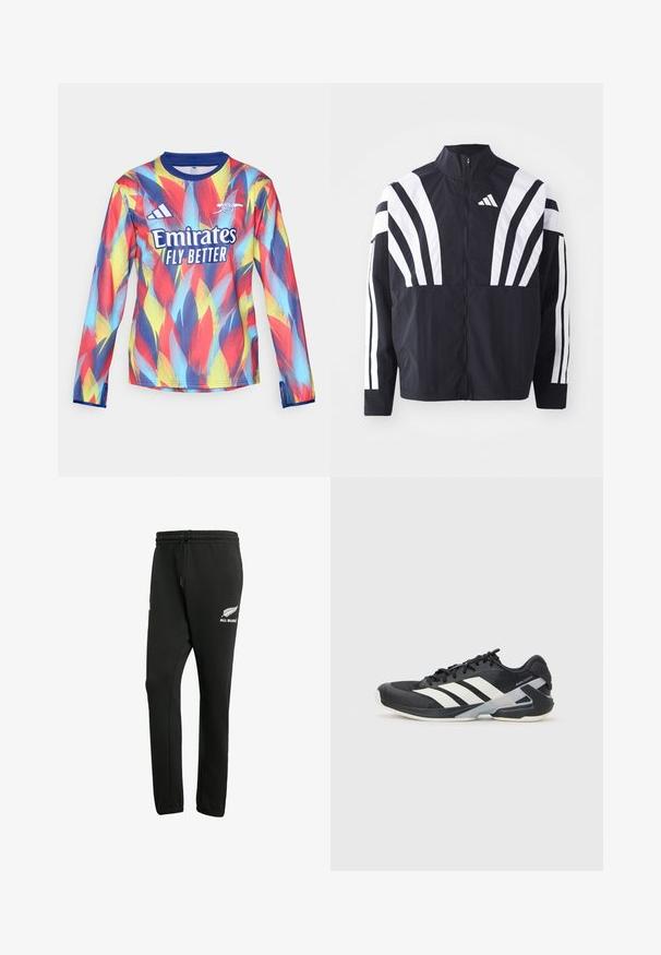 Black jacket featuring a high collar, full zip, and bold white diagonal stripes on sleeves. Made from lightweight fabric with a smooth texture.; adidas Performance ARSENAL FC 25/26 PRE-MATCH WARM TOP - Club wear - victory blue/pure ruby/bright yellow/bright cyan; Black sweatpants made of cotton blend fabric, featuring an elastic waistband with drawstring, and a white "All Blacks" logo on the left leg.; Black athletic shoe with white stripes, mesh upper, rounded toe, and cushioned sole. Features a textured heel and secure lacing system.