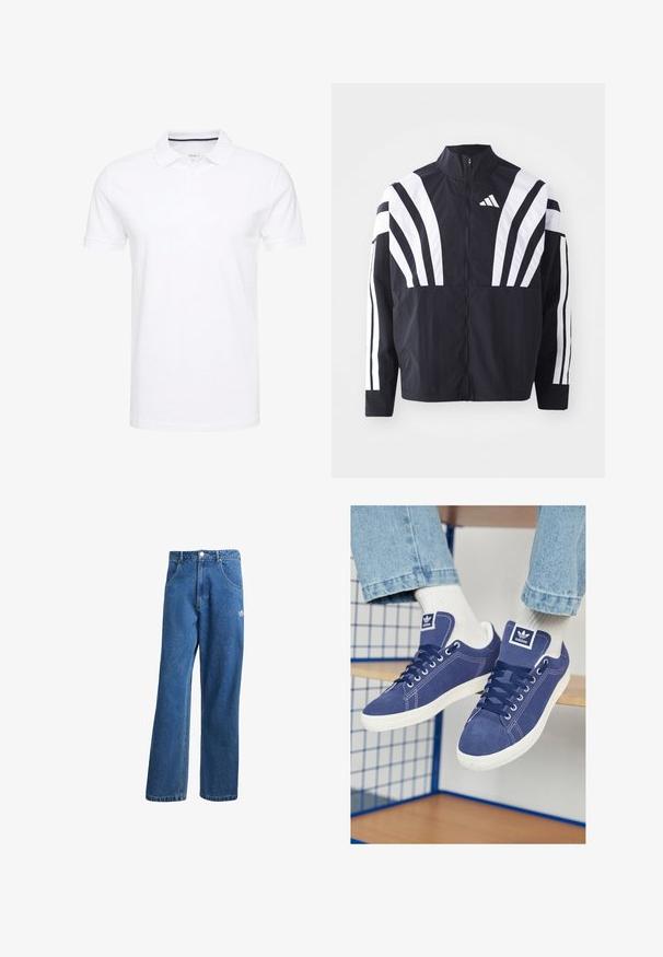 Črna jakna z visokim ovratnikom, popolnim zadrgo in boldnimi belimi diagonalnimi črtami na rokavih. Narejena iz lahkega materiala z gladko teksturo.; Bela polo majica iz bombaža, s tradicionalnim ovratnikom, kratkimi rokavi in tri gumbi na zapenjanju, z diskretnimi mornarsko modrimi dodatki znotraj.; Modre visoko pasu široke denim kavbojke z sprednjimi žepi, zankami za pas, gumbom za zapiranje in majhnim logotipom Adidas na desni stegno.; Temno modri Adidas čevlji iz usnja, z belimi gumijastimi podplati, okroglimi prsti in logotipom na jeziku. Svetle bele nogavice so vidne.