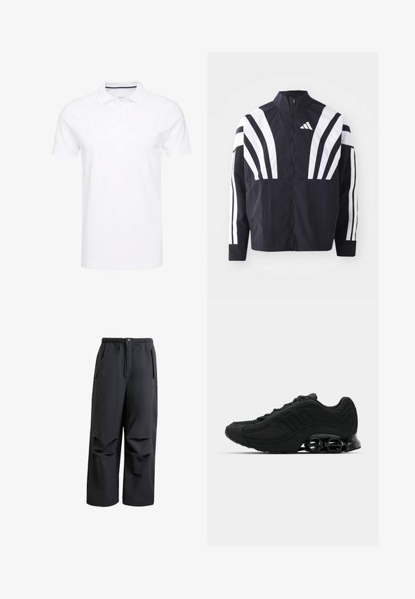 Schwarze Jacke mit hohem Kragen, durchgehendem Reißverschluss und kräftigen weißen diagonalen Streifen an den Ärmeln. Aus leichtem Stoff mit glatter Textur gefertigt.; Weißes Poloshirt aus Baumwolle, mit einem traditionellen Kragen, kurzen Ärmeln und einer Dreiknopf-Leiste, die innen subtile marineblaue Akzente aufweist.; Schwarze, locker sitzende Hose aus weichem Stoff. Mit einem elastischen Bund, Knopfverschluss und zwei seitlichen Taschen mit plissierten Details.; Schwarzer Sportschuh mit strukturiertem Obermaterial, drei Streifenakzenten und einer markanten, geformten Sohle mit sichtbaren Dämpfungselementen.