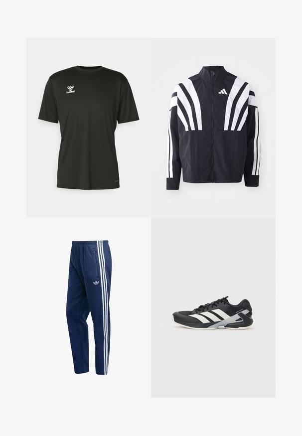 Mustrün mustaga, kõrge krae, täispikk tõmblukk ja julged valged diagonaalsed triibud varrukatel. Valmistatud kergest kangast, millel on sile tekstuur.; Must have lühikeste varrukatega särk, valmistatud sünteetilisest kangast, millel on valge logo vasakul rinnal ja ümmargune kaelus. Sile tekstuur.; Tumesinised vabaajapüksid pehmest kangast, millel on külgedel kolm valget vertikaalset triipu ja paremal puusal tõmblukuga tasku.; Mustad sportlik jalanõud mustade värvidega, valgete triipudega, võrgusilma pealmine osa, ümar varvas ja pehme tallaga. Omab tekstureeritud kontsa ja kindlat paeltesüsteemi.