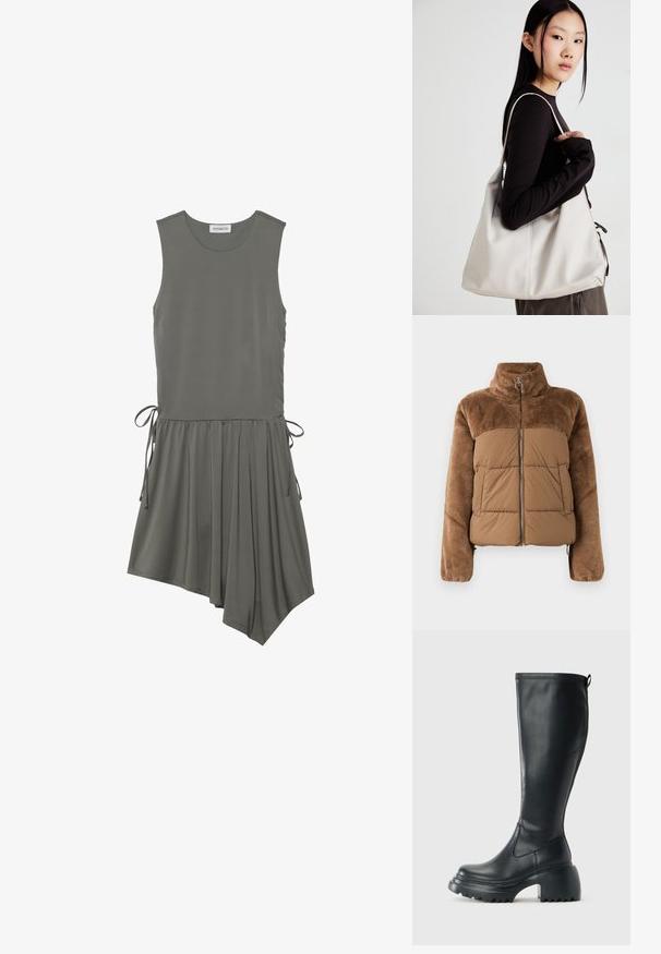 Barna puffernadrág, puha, bolyhos felső résszel. Magas gallérral, elülső cipzárral és két oldalzsebbel rendelkezik.; Ujj nélküli, olívazöld anyagú ruha, oldalra kötött részletekkel, pliszírozott szoknyával és aszimmetrikus szegéllyel. Simább textúra, laza fazon.; Magas fekete bőrcipő, vastag platform talppal és blokk sarokkal, húzófüllel és texturált profillal az outsole-on.; Puha anyagból készült bézs kézitáska, laza dizájnnal, varrott részletekkel és két vállpánttal. Mindennapi használatra alkalmas.