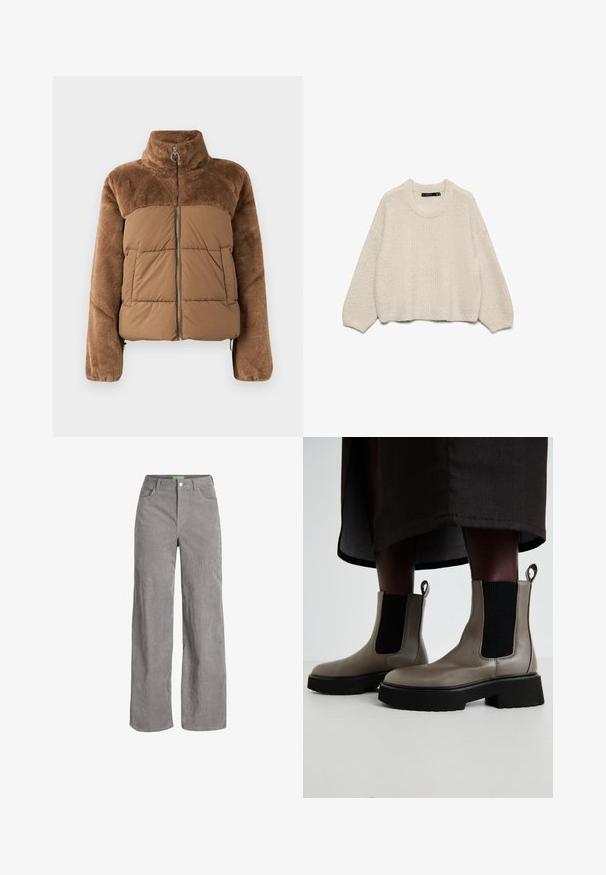 Ruda pūkinė striukė su minkšta, pūkuota viršutine dalimi. Turime aukštą apykaklę, priekiniį užtrauktuką ir dvi šonines kišenes.; Šviesiai smėlio spalvos megztinis su apvalia iškirpte, ilgomis rankovėmis ir tekstūrine raštu. Laisvas siluetas, su raukiniais apatinėje dalyje ir rankogaliuose.; Pilkos velveto plačios kojos kelnės su mygtuko uždarymu ir diržo kilpomis. Yra dvi šoninės kišenės ir minkšta, tekstūruota medžiaga.; Pilkas kulkšninis batus, pagamintus iš tekstūruotos odos, su elastingomis šoninėmis panelėmis ir masyviu juodu padu. Yra užtrauktukai, skirti lengvam vilkimo procesui.