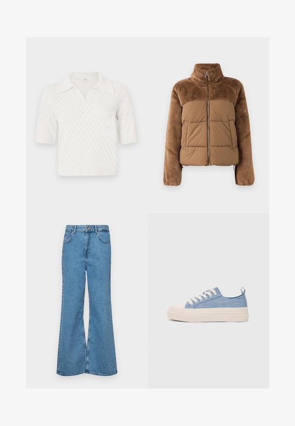 Brown puffer jacket with a soft, fluffy upper section. Features a high collar, front zipper, and two side pockets.; Short-sleeve, white knitted polo shirt with a diamond pattern, featuring a classic collar and ribbed cuffs and hem.; Light blue flared jeans made of denim, featuring a high waist, five pockets, and a single button closure. Soft texture with faded finish.; Light blue canvas sneakers with a cream rubber toe cap and outsole, featuring white laces and a pull tab on the heel.