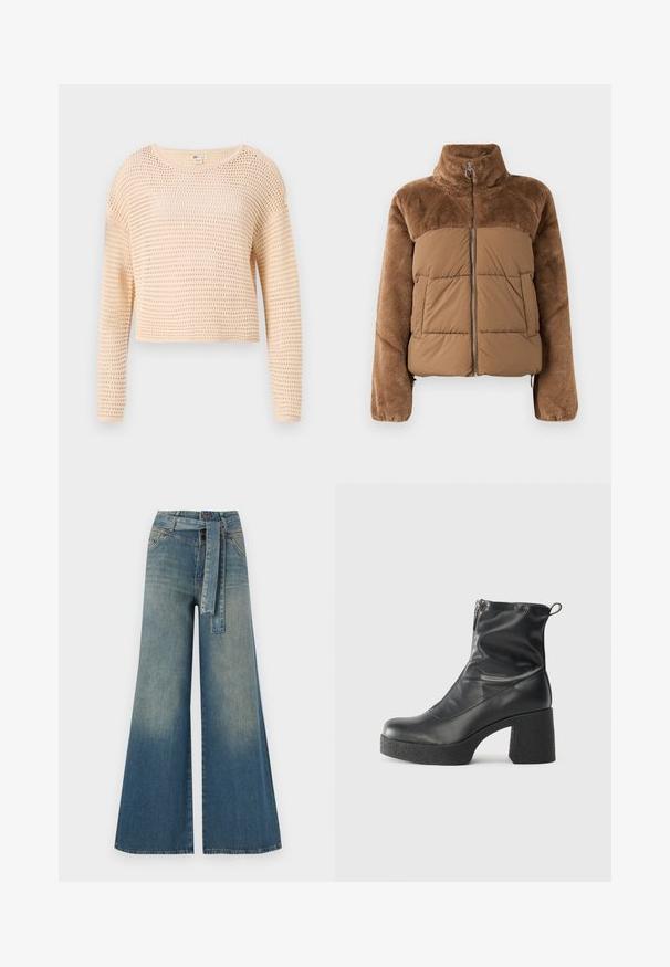 Hnedá puffová bunda s mäkkou, nadýchanou hornou časťou. Obsahuje vysoký golier, predný zips a dve bočné vrecká.; Svetlobežový cropovaný sveter s pleteným mriežkovým vzorom, dlhými rukávmi, okrúhlym výstrihom a rebrovaným lemom. Mäkká, textúrovaná tkanina.; Džínsy s širokými nohavicami, ktoré majú prechod od svetlomodrej po tmavomodrú, vysoký pás, pútka na opasok a opasok z rovnakého materiálu. Textúrovaný denimový povrch.; Čierne členkové topánky z hladkej kože, so bočným zipsom, robustnou textúrovanou pätnou časťou a zaobleným dizajnom špičky.