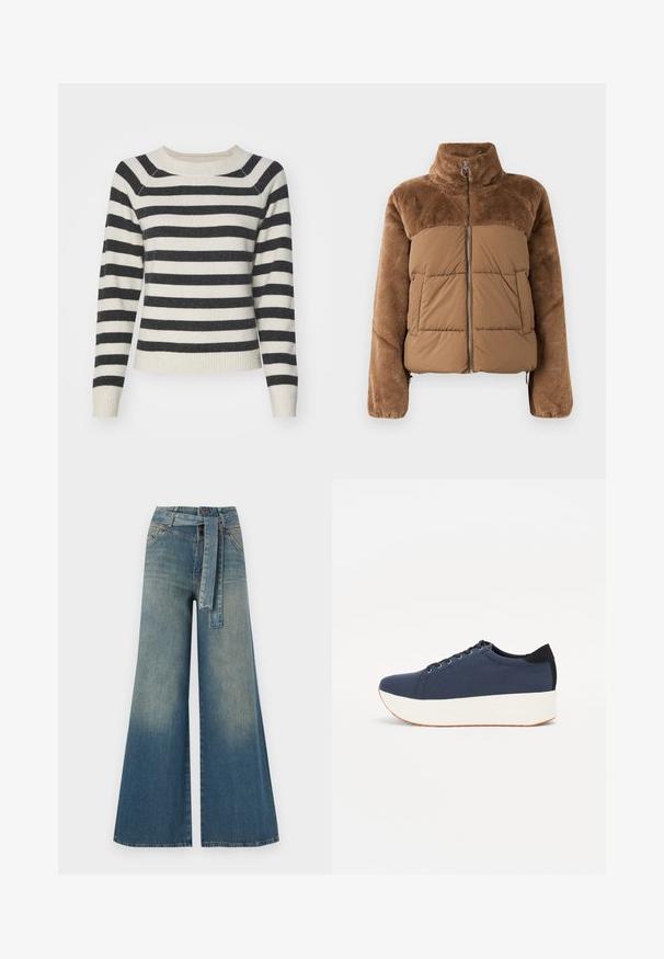 Brown puffer jacket with a soft, fluffy upper section. Features a high collar, front zipper, and two side pockets.; Striped sweater with black and cream horizontal stripes, ribbed cuffs and hem, round neckline, and soft texture. Mid-length sleeves.; Wide-leg denim trousers featuring a light to dark blue gradient, high waist, belt loops, and a matching fabric belt. Textured denim finish.; Navy blue sneaker with a textured fabric upper, white platform sole, rounded toe, and black heel accent. Features six eyelets for laces.