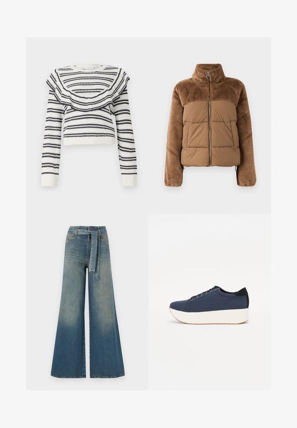 Brown puffer jacket with a soft, fluffy upper section. Features a high collar, front zipper, and two side pockets.; White knit sweater with black horizontal stripes, featuring a ruffled neckline and long sleeves. Cropped design with ribbed cuffs.; Wide-leg denim trousers featuring a light to dark blue gradient, high waist, belt loops, and a matching fabric belt. Textured denim finish.; Navy blue sneaker with a textured fabric upper, white platform sole, rounded toe, and black heel accent. Features six eyelets for laces.