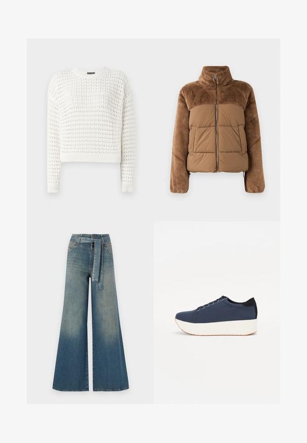Brown puffer jacket with a soft, fluffy upper section. Features a high collar, front zipper, and two side pockets.; White knitted sweater featuring a textured pattern, round neckline, long sleeves, and ribbed cuffs and hem. Cropped design.; Wide-leg denim trousers featuring a light to dark blue gradient, high waist, belt loops, and a matching fabric belt. Textured denim finish.; Navy blue sneaker with a textured fabric upper, white platform sole, rounded toe, and black heel accent. Features six eyelets for laces.