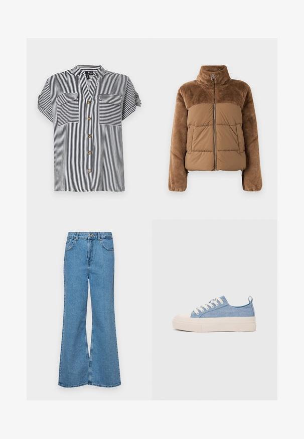 Ruda pūkinė striukė su minkšta, pūkuota viršutine dalimi. Turime aukštą apykaklę, priekiniį užtrauktuką ir dvi šonines kišenes.; Navy ir baltai dryžuota trumpomis rankovėmis palaidinė su dviem priekinėmis kišenėmis, mygtukų užsegimu ir laisvu siluetu. Papuošta aukso spalvos mygtukais.; Šviesiai mėlynos flared džinsai, pagaminti iš džinsinio audinio, su aukštu liemeniu, penkiomis kišenėmis ir vienu mygtuko užsegimu. Minkštas paviršius su išblukusiu efektu.; Šviesiai mėlyni drobės sportbačiai su kreminiu guminiu pirštų apsaugos ir pado elementu, balti raišteliai ir kilpa ant kulno.