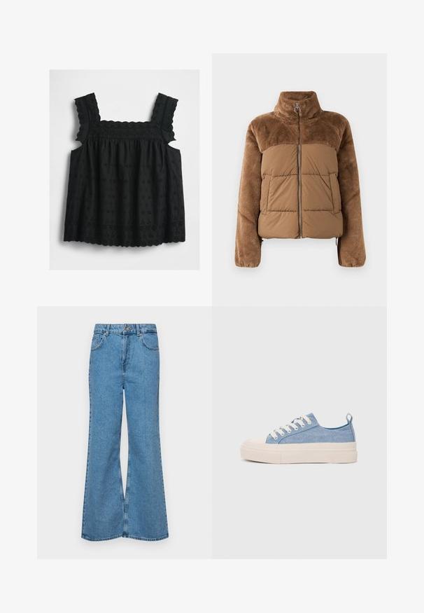 Bruine pufferjack met een zachte, donzige bovenkant. Beschikt over een hoge kraag, een ritssluiting aan de voorkant en twee zijzakken.; Zwarte mouwloze top met gerimpelde schouderbanden, bloemenbroderie in oogjes, gegolfde zoom en een geraffineerde bodice voor een losse, luchtige pasvorm.; Lichtblauwe flared jeans van denim, met een hoge taille, vijf zakken en een enkele knoopsluiting. Zachte textuur met een vervaagde afwerking.; Lichtblauwe canvas sneakers met een crème rubberen neuskap en zool, voorzien van witte veters en een trekstrip op de hiel.