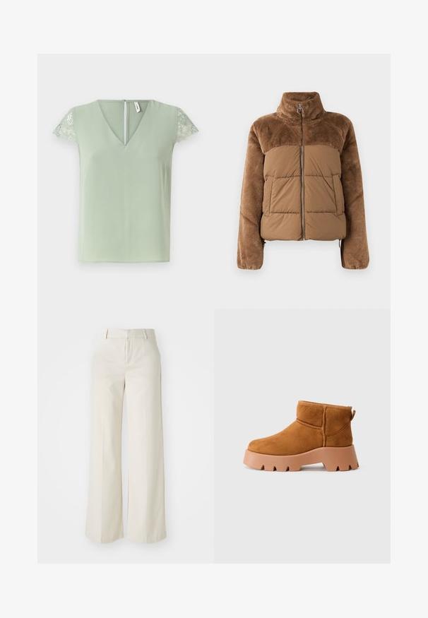 Brun pufferjakke med en myk, fluffy overdel. Har høyt krage, frontglidelås og to sidelommer.; Lys grønne bluse med V-hals og korte blonder ærmer, med en lille åbning i ryggen og en glat stoftekstur.; Bredde bukser i en lys beige farge, laget av et glatt stoff. Har en klassisk linning og flat front med rene linjer.; Tan semskinn ankelsko med rund tå, en teksturert brun såle og en løftestang. Har en sydd søm og chunky plattformdesign.