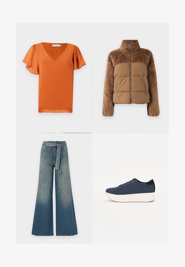 Brūna pūkaina jaka ar mīkstu, pūkainu augšējo daļu. Vēl ir augsts apkakle, priekšējais rāvējslēdzis un divas sānu kabatas.; Sarkanā krāsā īsām piedurknēm tops ar V veida kaklu un maigi savilktām piedurknēm, izgatavots no gludas auduma ar vieglu tekstūru.; Platām kājām džinsu bikses ar gaismas līdz tumši zilam gradientam, augstu jostas līniju, jostas cilpām un atbilstošu auduma jostu. Tekstūrēts džinsas apdare.; Navy zilo apavi ar strukturētu auduma augšdaļu, baltu platformas zoli, noapaļotu pirkstu daļu un melnu papēža akcentu. Iekļautas sešas acs caurumi šnuķēšanai.