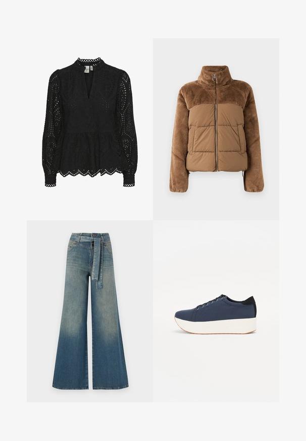 Barna puffernadrág, puha, bolyhos felső résszel. Magas gallérral, elülső cipzárral és két oldalzsebbel rendelkezik.; Fekete blúz, magas nyakkal, hosszú ujjakkal és bonyolult kivágott mintákkal, peplum szegéllyel és hullámos szélekkel.; Bőszárú farmernadrág, világos és sötétkék árnyalatokkal, magas derekú, övgyűrűkkel és a nadrággal megegyező anyagú övvel. Textúrált farmer kivitel.; Sötétkék sportcipő, texturált szövet felsőrész, fehér platform talp, lekerekített orr és fekete sarok akcentussal. Hat fűzőlyuk található rajta.