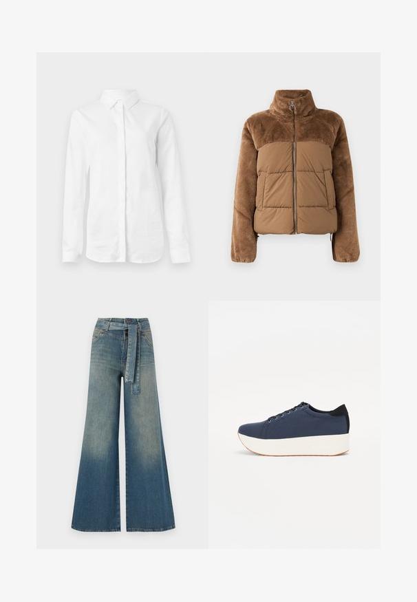 Jachetă puf din material maro, cu o secțiune superioară moale și pufoasă. Dispune de un guler înalt, fermoar frontal și două buzunare laterale.; Cămașă albă cu mânecă lungă, fabricată din bumbac neted. Prezintă un guler clasic și un închidere cu nasturi în față, cu un tiv drept și fără modele.; Pantaloni din denim largi, cu un gradient de la albastru deschis la albastru închis, talie înaltă, bucle pentru curea și o curea din același material. Finisaj texturat din denim.; Sneaker albastru închis, cu un material texturat pe partea superioară, talpă platformă albă, vârf rotunjit și accent de călcâi negru. Dispune de șase găuri pentru șireturi.