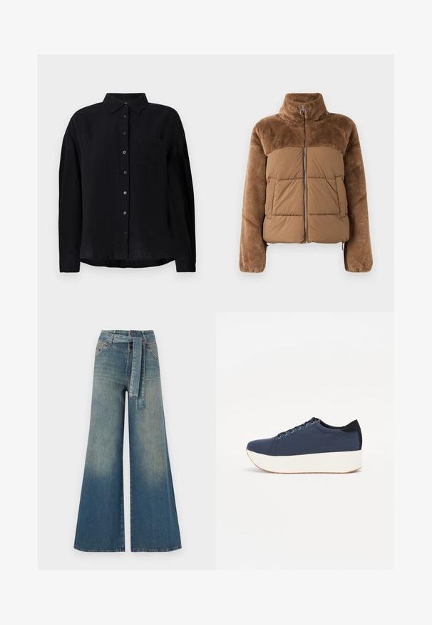 Barna puffernadrág, puha, bolyhos felső résszel. Magas gallérral, elülső cipzárral és két oldalzsebbel rendelkezik.; Fekete, hosszú ujjú ing, könnyű anyagból készült, hegyes gallérral, gombos elülső résszel, egyetlen mellzsebbel és laza szabású.; Bőszárú farmernadrág, világos és sötétkék árnyalatokkal, magas derekú, övgyűrűkkel és a nadrággal megegyező anyagú övvel. Textúrált farmer kivitel.; Sötétkék sportcipő, texturált szövet felsőrész, fehér platform talp, lekerekített orr és fekete sarok akcentussal. Hat fűzőlyuk található rajta.