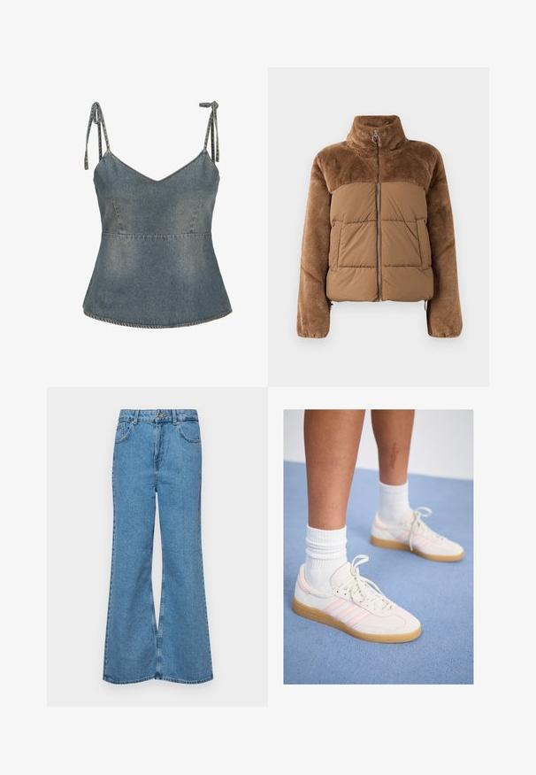 Brūna pūkaina jaka ar mīkstu, pūkainu augšējo daļu. Vēl ir augsts apkakle, priekšējais rāvējslēdzis un divas sānu kabatas.; Džinsa tops ar regulējamiem saistēm, V veida kakla izgriezumu un izplestu siluetu. Gaiši zila krāsa ar redzamām dūriena detaļām visā virsmā.; Gaiši zili, platā piegriezuma džinsi, kas izgatavoti no denima, ar augstu jostasvietu, piecām kabatām un vienu pogu. Mīksta tekstūra ar nolietotu apdari.; Balti un rozā zamšādas sporta apavi ar trim rozā svītrām, gaiši brūnu gumijas zolīšu un balti ribotām zeķēm. Novietoti uz zilas paklāja.