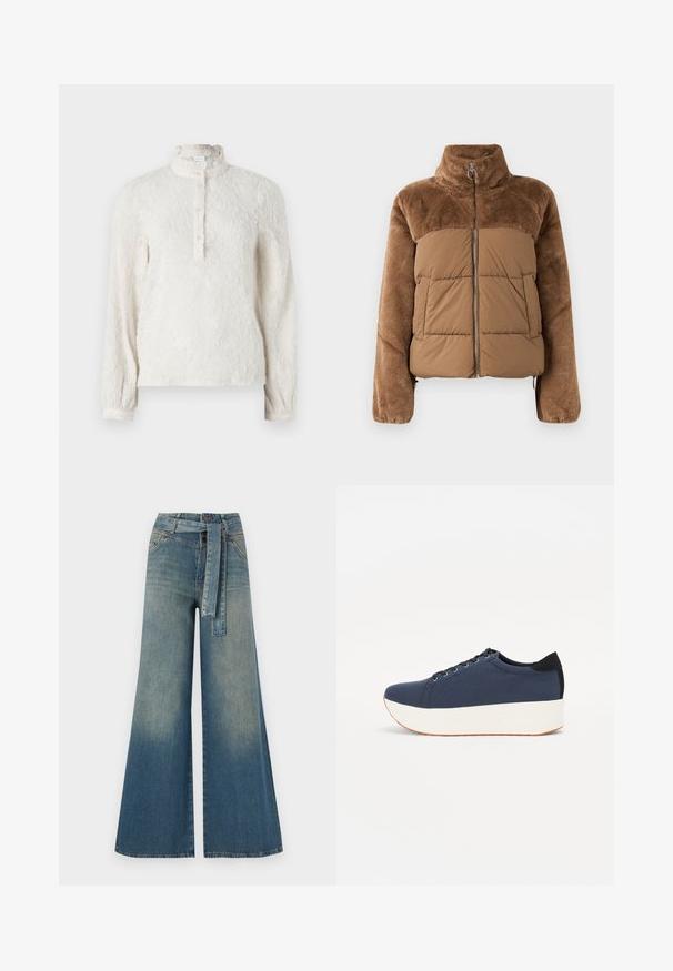 Brown puffer jacket with a soft, fluffy upper section. Features a high collar, front zipper, and two side pockets.; White long-sleeve blouse with a textured surface, ruffled collar, and buttoned placket. Features subtle floral pattern throughout.; Wide-leg denim trousers featuring a light to dark blue gradient, high waist, belt loops, and a matching fabric belt. Textured denim finish.; Navy blue sneaker with a textured fabric upper, white platform sole, rounded toe, and black heel accent. Features six eyelets for laces.