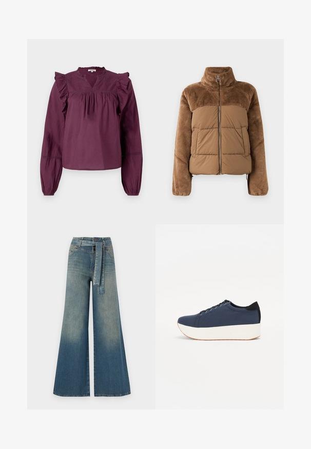 Brown puffer jacket with a soft, fluffy upper section. Features a high collar, front zipper, and two side pockets.; Long-sleeve, plum-colored top with ruffle detailing along the shoulders and a V-neckline, featuring elasticized cuffs for a relaxed fit.; Wide-leg denim trousers featuring a light to dark blue gradient, high waist, belt loops, and a matching fabric belt. Textured denim finish.; Navy blue sneaker with a textured fabric upper, white platform sole, rounded toe, and black heel accent. Features six eyelets for laces.