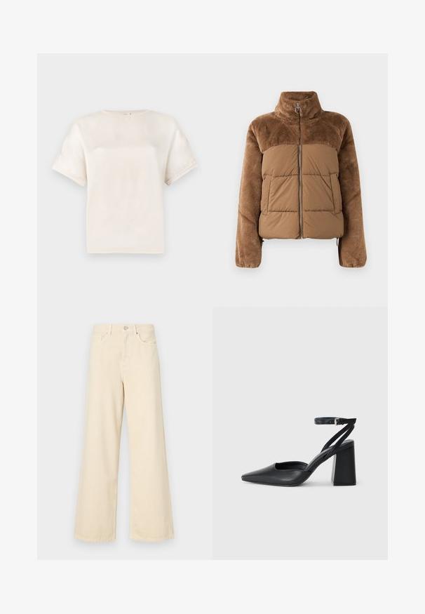 Brown puffer jacket with a soft, fluffy upper section. Features a high collar, front zipper, and two side pockets.; Short-sleeve crew neck t-shirt in off-white, made of smooth fabric, featuring a relaxed fit and minimal stitching details on sleeves.; Beige wide-leg jeans made of cotton. Features a button closure, belt loops, and front pockets with a smooth, soft texture.; Black leather pointy-toe pump with an ankle strap and a chunky heel. Flat texture, sleek design, and minimalistic aesthetics.