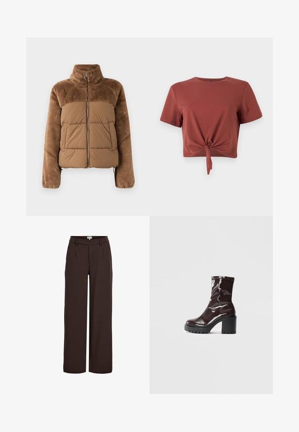 Brun puffjakke med en blød, fluffy øverste del. Har en høj krave, frontlynlås og to sidelommer.; Rostfarvet cropped t-shirt i blød bomuld med korte ærmer og knyttet frontdetalje. Glat tekstur, rund halsudskæring.; Object OBJLISA WIDE - Bukser - java; Glatte burgunder ankelstøvler med en chunky sort hæl, der har en glat tekstur og et simpelt design. Ingen synlige lukninger eller mønstre.