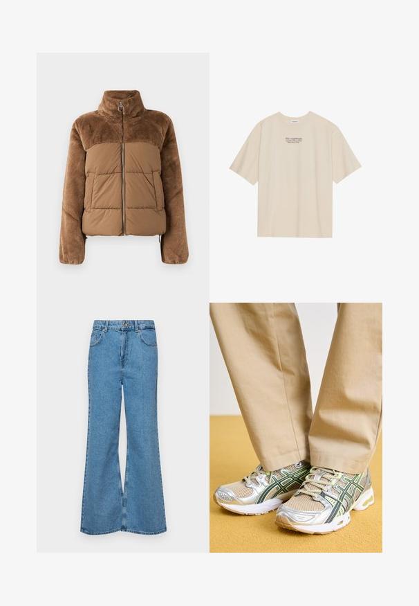 Doudoune marron avec une partie supérieure douce et moelleuse. Elle dispose d'un col montant, d'une fermeture éclair à l'avant et de deux poches latérales.; T-shirt en coton beige à manches courtes et col rond, avec un graphique "YELLOWSTONE" en violet et bleu centré sur la poitrine.; Jean flare bleu clair en denim, avec une taille haute, cinq poches et une fermeture à un bouton. Texture douce avec une finition décolorée.; ASICS SportStyle GEL-NIMBUS 9 - Baskets basses - feather grey/carrier grey