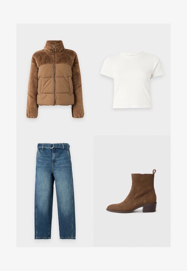 Καφέ φουσκωτό μπουφάν με μαλακό, αφράτο πάνω μέρος. Διαθέτει ψηλό γιακά, μπροστινό φερμουάρ και δύο πλαϊνές τσέπες.; Κοντό λευκό μπλουζάκι από βαμβάκι με κοντά μανίκια, στρογγυλή λαιμόκοψη και ίσια στρίφωμα, με λεία υφή και ελαχιστο σχεδιασμό.; Μπλε τζιν παντελόνι με ψηλή μέση, φαρδιές γραμμές και θηλιές για ζώνη με μεταλλικό κρίκο. Διαθέτει ξεθώριασμα και διακριτικές ραβδώσεις στο ύφασμα.; Καφέ σουέτ μποτάκι έως τον αστράγαλο με κομψή μύτη, κοντό άξονα και υφή στη στενή σόλα. Διαθέτει ραφές στο πλάι και λαβή για φόρεμα.