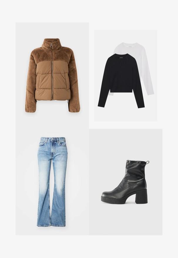 Hnedá puffová bunda s mäkkou, nadýchanou hornou časťou. Obsahuje vysoký golier, predný zips a dve bočné vrecká.; Dvoje tričiek s dlhým rukávom: jedno čierne a jedno biele. Obe majú okrúhly výstrih, raglánové rukávy a mäkkú zmes bavlny.; Džíny s vysokým pásom a rozšírenými nohavicami, modrej farby s vyblednutým vzhľadom, vyrobené z denimu. Obsahujú dizajn s piatimi vreckami a viditeľné stehy pozdĺž okrajov.; Čierne členkové topánky z hladkej kože, so bočným zipsom, robustnou textúrovanou pätnou časťou a zaobleným dizajnom špičky.