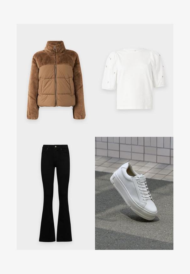 Barna puffernadrág, puha, bolyhos felső résszel. Magas gallérral, elülső cipzárral és két oldalzsebbel rendelkezik.; Fehér pamut póló rövid puffos ujjakkal, a ujjain kicsi ezüst díszítések találhatók. Klasszikus kerek nyakú, laza fazonú.; Fekete, magas derekú farmernadrág gomb- és cipzárzárral, elülső zsebekkel és harangszárral, laposan egy fehér háttérre terítve.; Fehér bőr sportcipő alacsony dizájnnal, lapos fűzőkkel, lekerekített orral és texturált oldalakkal. Vastag gumitalp finom részletekkel.