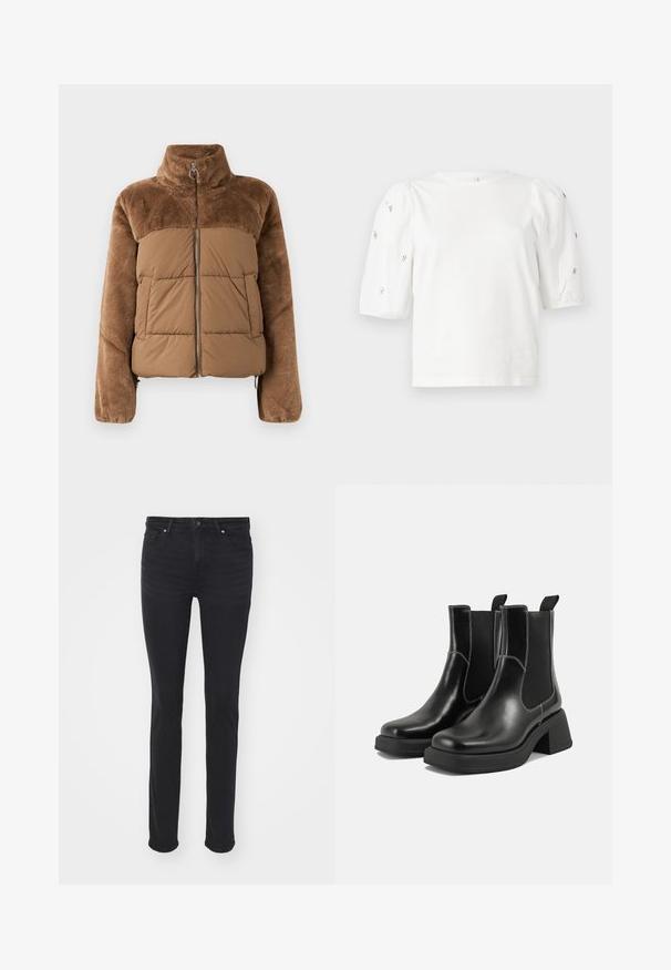 Barna puffernadrág, puha, bolyhos felső résszel. Magas gallérral, elülső cipzárral és két oldalzsebbel rendelkezik.; Fehér pamut póló rövid puffos ujjakkal, a ujjain kicsi ezüst díszítések találhatók. Klasszikus kerek nyakú, laza fazonú.; Fekete farmernadrág, slim fit fazonban, öt zsebbel, cipzáros záródással és ezüst színű hardware díszítéssel. Sima textúrájú, minimális kopással.; Fekete bőr Chelsea csizmák masszív sarkakkal, rugalmas oldalsó panelekkel és kontrasztos fehér varrással. Texturált felület.