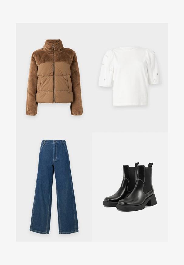 Jachetă puf din material maro, cu o secțiune superioară moale și pufoasă. Dispune de un guler înalt, fermoar frontal și două buzunare laterale.; Tricou alb din bumbac cu mâneci scurte tip bufantă, având mici embellisheuri argintii pe mâneci. Decolteu clasic rotund, croială lejeră.; Jeans din denim cu picioare late, de culoare albastră închisă. Au talie înaltă, picioare drepte și cusături proeminente, cu un fermoar și un închizător cu buton.; Botine Chelsea din piele neagră, cu toc masiv, panouri laterale elastice și cusături albe contrastante. Finisaj texturat.