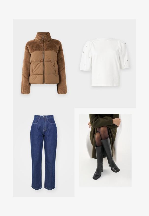 Casaco puffer castanho com uma parte superior suave e fofinha. Apresenta um colarinho alto, fecho éclair à frente e dois bolsos laterais.; T-shirt branca de algodão com mangas puff curtas, apresentando pequenos embellissements prateados ao longo das mangas. Decote redondo clássico, corte descontraído.; Jeans de ganga azul escuro com cintura alta, perna reta, cinco bolsos e costura em contraste. Design clássico com uma textura suave.; Botas de couro pretas até ao joelho com biqueira quadrada e salto em bloco, apresentadas com um modelo sentado num casaco verde-azeitona. Textura lisa, com detalhes mínimos.