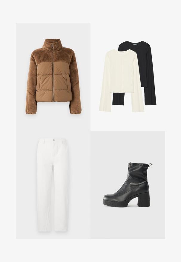 Ruda pūkinė striukė su minkšta, pūkuota viršutine dalimi. Turime aukštą apykaklę, priekiniį užtrauktuką ir dvi šonines kišenes.; Dviejų ilgomis rankovėmis marškinėlių rinkinys, baltas ir juodas. Raukšlėta tekstūra, apvalus kaklas, prigludusi forma su šiek tiek platėjančiomis rankovėmis.; Balti tiesūs džinsai, pagaminti iš džinsinio audinio, su mygtuko uždarymu, dviem priekinėm kišenėm ir švariais siūlais. Paprastas dizainas be matomų raštų.; Juodos kulkšninių botai, pagaminti iš lygaus odos, su šoniniu užtrauktuku, masyviu tekstūruotu kulnu ir apvaliu pirštu.