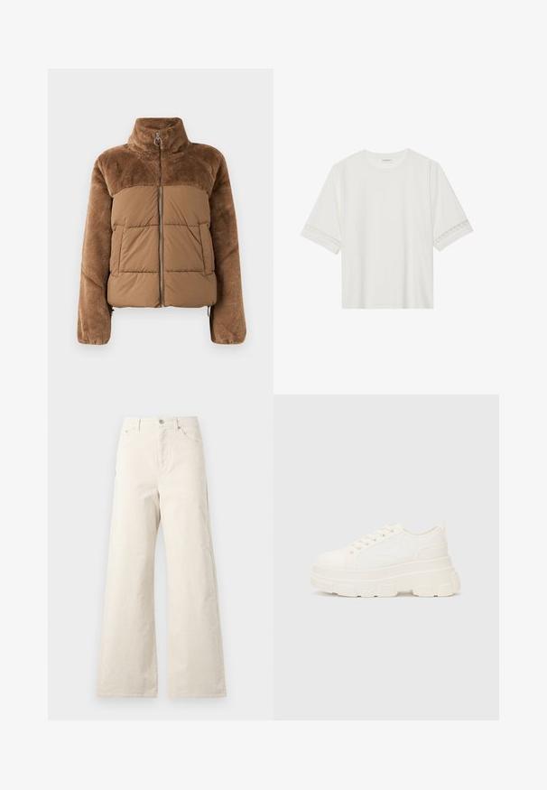Barna puffernadrág, puha, bolyhos felső résszel. Magas gallérral, elülső cipzárral és két oldalzsebbel rendelkezik.; Fehér, rövid ujjas póló, pamutból készült, díszes csipkés szegéllyel az ujjak mentén és kerek nyakkivágással.; Beige színű, bő szárú pamut nadrág, elöl gombos záródással, oldalsó zsebekkel és sima textúrával. Minimalista dizájn, minták nélkül.; Fehér vászon sportcipő vastag talppal, lekerekített orral és öt fűzőlyukkal. Hátulján egy fül a könnyű felvétel érdekében. Simára kidolgozott textúra, minimális dizájn.