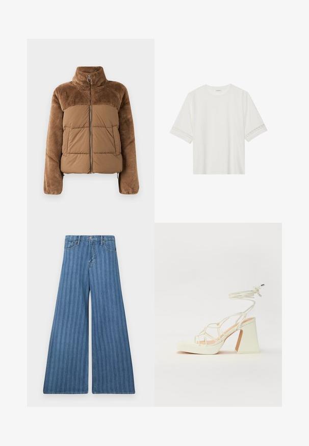 Hnedá puffová bunda s mäkkou, nadýchanou hornou časťou. Obsahuje vysoký golier, predný zips a dve bočné vrecká.; Biele tričko s krátkym rukávom vyrobené z bavlny, s dekoratívnym čipkovým lemovaním pozdĺž rukávov a okrúhlym výstrihom.; Džínsy s širokými nohavicami v stredne modrom denime s vertikálnymi pruhmi, obsahujúce zapínanie na gombík, päť vreciek a prešité detaily pozdĺž švov.; Biele sandále na vysokom opätku s hrubým podpätkom, s pruhovaným dizajnom a viazaním na členku. Hladký povrch s platformou vpredu pre zvýšenú výšku.
