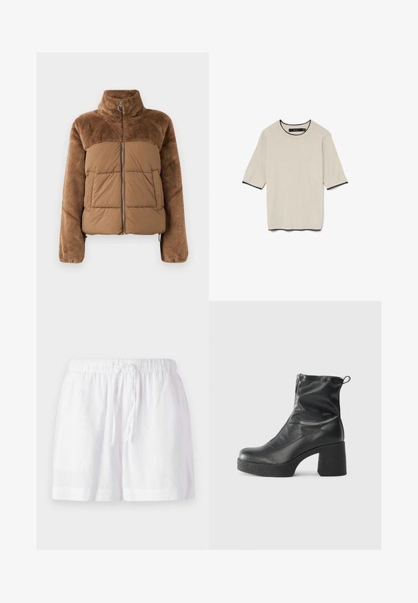 Brūna pūkaina jaka ar mīkstu, pūkainu augšējo daļu. Vēl ir augsts apkakle, priekšējais rāvējslēdzis un divas sānu kabatas.; Iesvērta, gaiši beigu krāsas T-kreklu ar īsām piedurknēm, ar apaļu izgriezumu un kontrastējošu melnu apdari ap izgriezumu un piedurknēm, noformēts plakaniski.; Baltās lina šortos ir elastīgs jostasvieta un regulējams aukliņa. Tiem ir brīvs piegriezums un salocīta apmale ērtībai.; Melni potītes zābaki, kas izgatavoti no gludas ādas, ar sānu rāvējslēdzēju, masīvu strukturētu papēdi un noapaļotu purngalu.