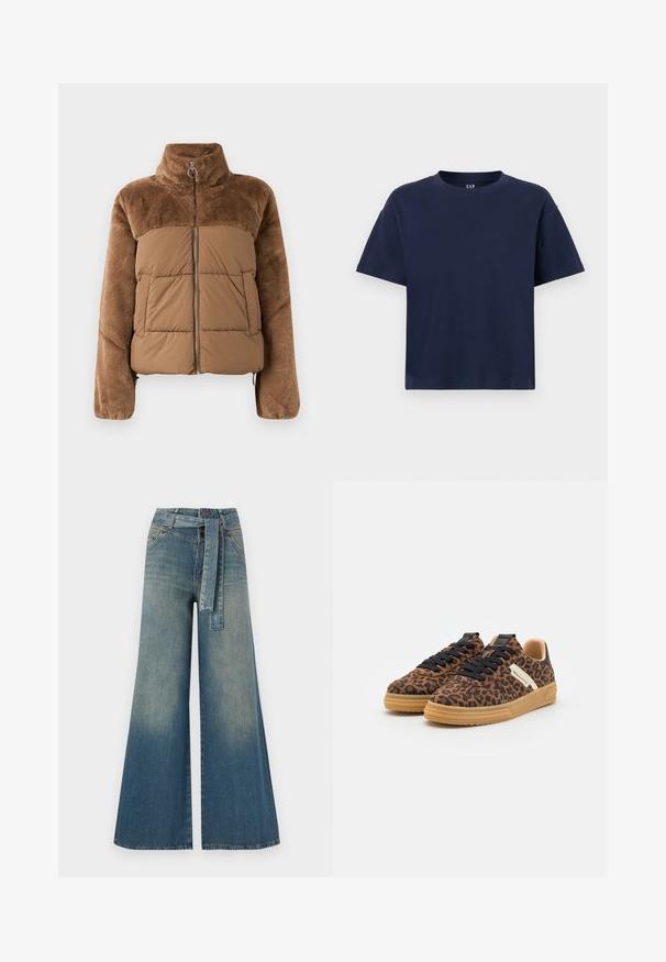 Brun pufferjakke med en myk, fluffy overdel. Har høyt krage, frontglidelås og to sidelommer.; Marineblå bomull T-skjorte med rund hals og korte ermer, med en avslappet passform og minimalistisk design. Ingen mønstre eller detaljer.; Bredde ben jeans med en lyseblå til mørkeblå gradient, høyt liv, beltehemper og et matchende belte i samme stoff. Teksturert denimoverflate.; Et par brune leopardmønstrede sneakers med sorte snørebånd, beige gummisåler og hvide sideaccenter på en hvid baggrund.