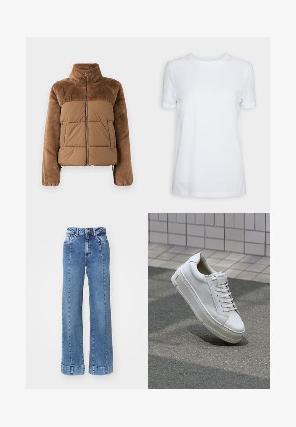 Casaco puffer castanho com uma parte superior suave e fofinha. Apresenta um colarinho alto, fecho éclair à frente e dois bolsos laterais.; T-shirt branca de manga curta feita de algodão. Design de gola redonda com uma textura suave e sem padrões ou detalhes visíveis. Estilo básico.; Jeans de ganga azul claro, de perna larga e cintura alta, com bolsos frontais e detalhes cosidos. A bainha está enrolada e cosida.; Sapatilhas de couro branco com um design de baixo, atacadores planos, bico arredondado e lados texturizados. Sola de borracha espessa com detalhes subtis.