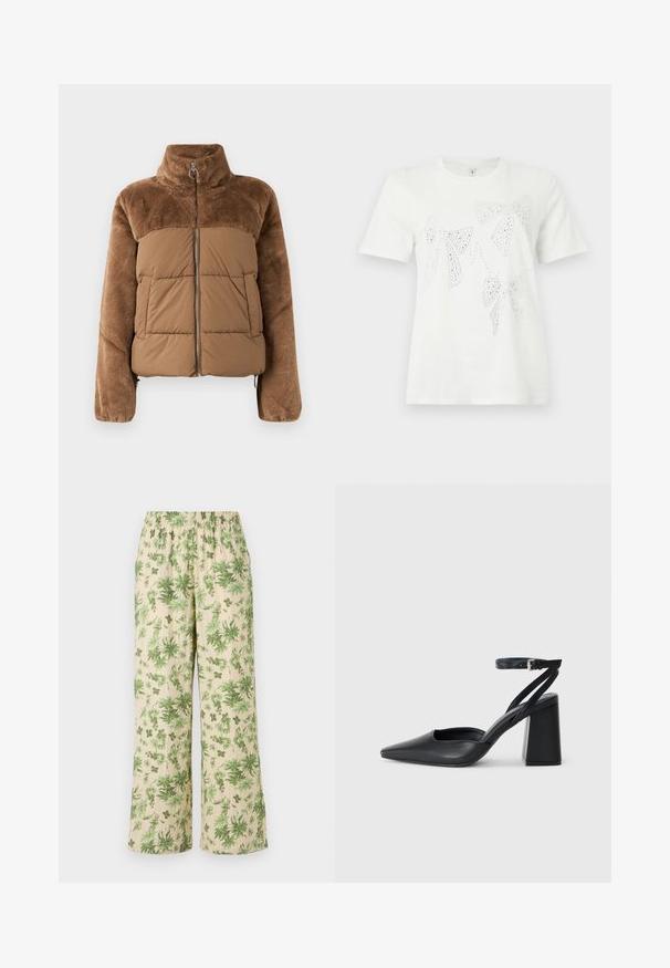 Brown puffer jacket with a soft, fluffy upper section. Features a high collar, front zipper, and two side pockets.; White cotton t-shirt featuring rhinestone-embellished bows in various sizes and shapes across the front. Short sleeves and crew neckline.; Floral print wide-leg pants with an elastic waistband; features green leaves on a beige background and a textured fabric finish.; Black leather pointy-toe pump with an ankle strap and a chunky heel. Flat texture, sleek design, and minimalistic aesthetics.