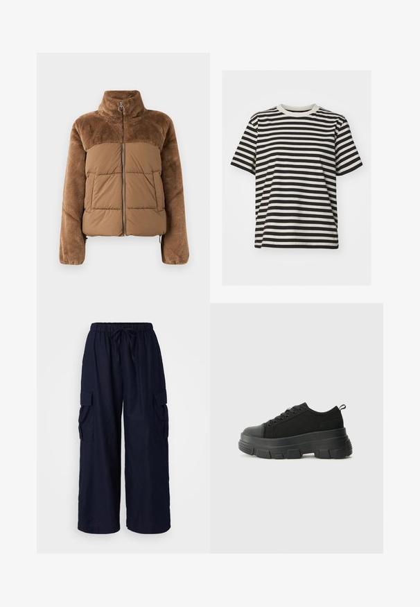 Doudoune marron avec une partie supérieure douce et moelleuse. Elle dispose d'un col montant, d'une fermeture éclair à l'avant et de deux poches latérales.; T-shirt rayé en tissu doux, avec des rayures horizontales noires et crème, col ras du cou, manches courtes et coupe décontractée.; Pantalons cargo bleu marine avec une coupe décontractée, une taille élastique avec cordon de serrage et deux poches latérales. Fabriqués en tissu léger.; Baskets noires avec une semelle en caoutchouc épaisse, un dessus en tissu texturé, un bout rond et un design à lacets. Présente des œillets renforcés et une languette à l'arrière.