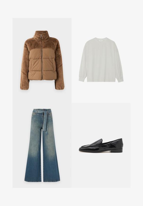 Brown puffer jacket with a soft, fluffy upper section. Features a high collar, front zipper, and two side pockets.; Light gray long-sleeve t-shirt made of soft cotton. Features a loose fit, round neckline, and gently gathered cuffs. No patterns or graphics.; Wide-leg denim trousers featuring a light to dark blue gradient, high waist, belt loops, and a matching fabric belt. Textured denim finish.; Black leather loafers with a smooth finish, featuring a stitched design along the front edge and a low, square heel.