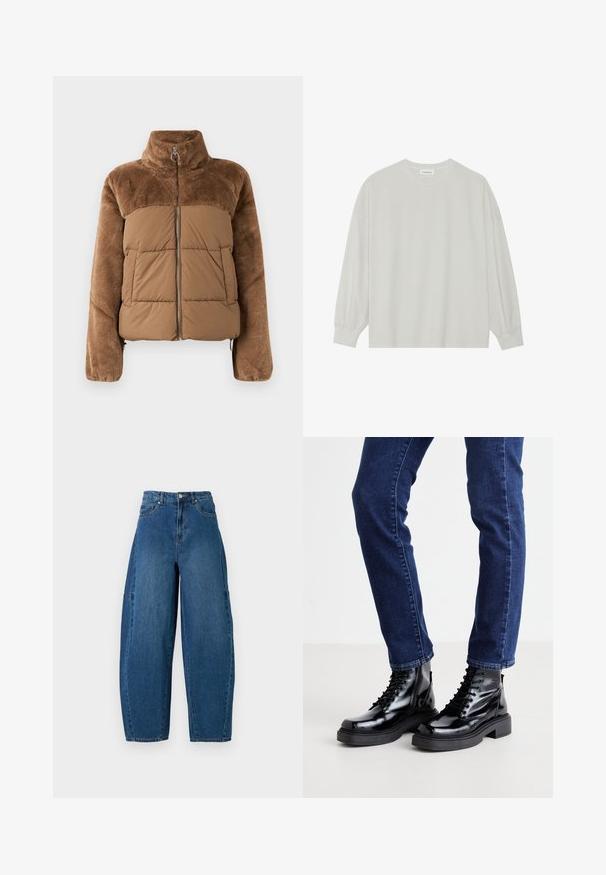 Giacca a vento marrone con una parte superiore morbida e soffice. Presenta un colletto alto, una cerniera frontale e due tasche laterali.; T-shirt a maniche lunghe grigio chiaro realizzato in cotone morbido. Presenta una vestibilità ampia, scollatura rotonda e polsini delicatamente arricciati. Nessun motivo o grafica.; Jeans in denim con un lavaggio blu medio, caratterizzati da una vita alta, una gamba larga e un design a cinque tasche standard con dettagli di cucitura visibili.; Stivali alla caviglia neri lucidi con lacci e suola spessa, caratterizzati da una texture liscia e punte arrotondate, indossati con jeans attillati blu scuro.