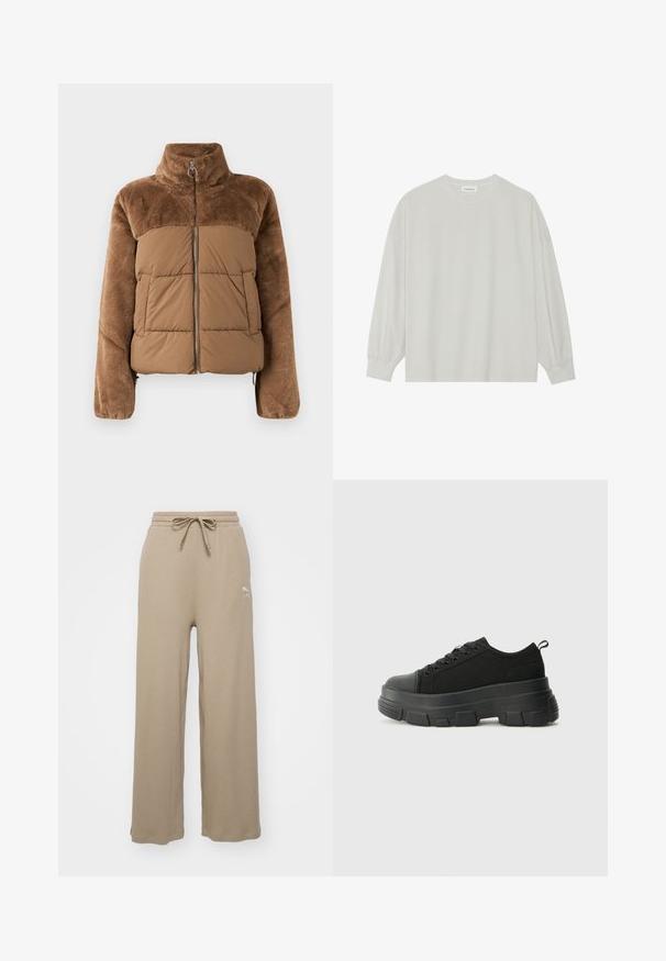 Barna puffernadrág, puha, bolyhos felső résszel. Magas gallérral, elülső cipzárral és két oldalzsebbel rendelkezik.; Világosszürke, hosszú ujjú póló, puha pamutból készült. Szabad, laza szabású, kerek nyakkivágással és finoman ráncolt mandzsettával rendelkezik. Nincs rajta minta vagy grafikák.; Beige bordás melegítőnadrág, húzózsinórral és oldalsó részekkel; a combon hímzett logóval. Puha tapintás, laza fazon.; Fekete sportcipők vastag gumitalppal, texturált szövet felsőrésszel, kerek orral és fűzős kialakítással. Megerősített fűzőlyukakkal és hátsó húzófüllel rendelkezik.