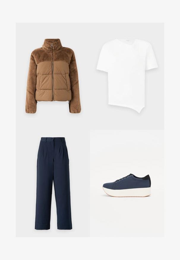 Pruun puffer-jakk, millel on pehme ja karvane ülemine osa. Omab kõrget krae, ees olevat tõmblukku ja kahte küljetaskut.; Valge lühikeste varrukatega T-särk, mis on valmistatud puuvillast. Omab asümmeetriat hemline'i ja kerget V-kaelust ilma õmblusteta kujunduses. Sile tekstuur.; Tumed sinine laiad püksid siledast kangast, millel on voldid ees, vöökohad ja küljetaskud.; Tumedat sinised tennised tekstureeritud riidest pealispinnaga, valge platvormi tallaga, ümarate varvaste ja musta kontsapaneeliga. Omab kuut silma paelte jaoks.