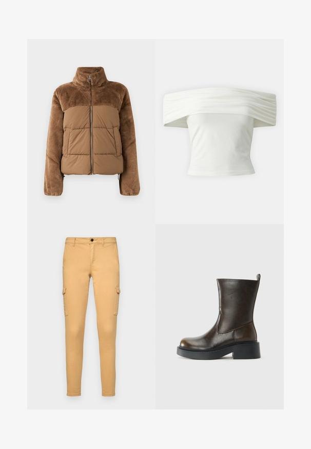 Rjava puffer jakna z mehkimi, puhastejšimi zgornjim delom. Ima visok ovratnik, sprednji zadrgo in dva stranska žepa.; Bela majica s spuštenimi rameni, z nabranim in strukturiranim izrezom ter tesnim pasom. Narejena iz mehkega blaga z gladko teksturo.; Bežna cargo hlače iz bombaža, z bočnimi žepi, sprednjim gumbom in slim fit obliko. Gladka tekstura, brez vidnih vzorcev.; Temno rjave usnjene čevlje do sredine meč z zaobljenim nosom, debelim črnim podplatom, nizkim blokastim petam in zanko za pomoč pri obuvanju na zadnji strani.