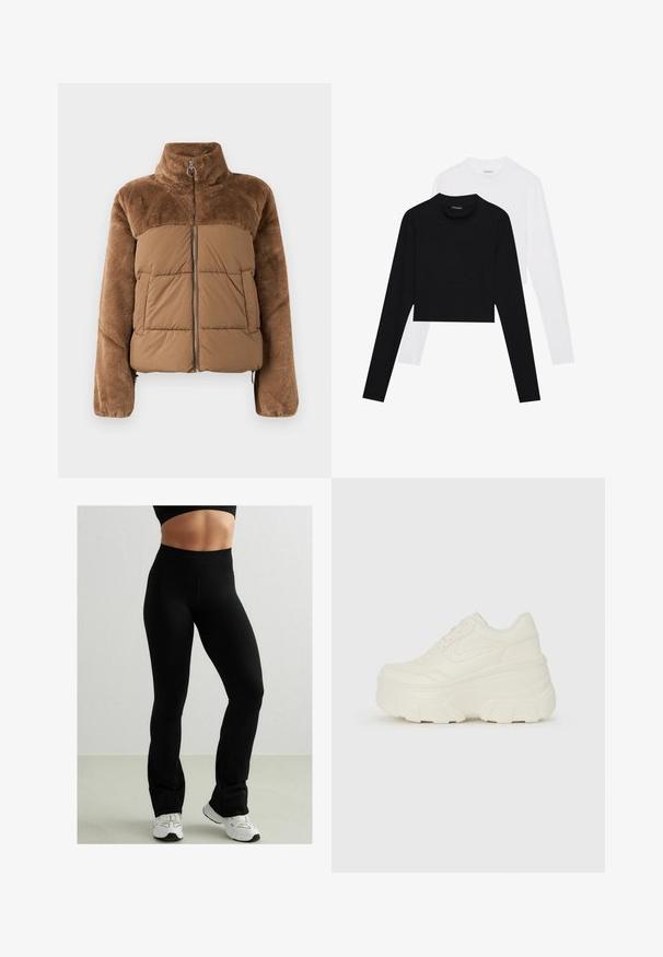 Hnedá puffová bunda s mäkkou, nadýchanou hornou časťou. Obsahuje vysoký golier, predný zips a dve bočné vrecká.; Súprava dvoch dlhých rukávov, crop topov v čiernej a bielej farbe. Vyrobené z mäkkej látky s okrúhlym výstrihom a priliehavým strihom.; Čierne legíny s vysokým pásom, vyrobené z elastického materiálu. Majú hladkú textúru a dizajn s rozšírenými členkami. Skombinované s bielymi teniskami.; Biele platformové tenisky s hladkým koženkovým svrchným materiálom, zaobleným tvarom, polstrovaným golierom a textúrovanou gumovou podrážkou s výrazným vzorom.