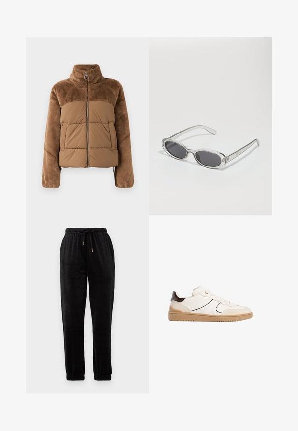 Rjava puffer jakna z mehkimi, puhastejšimi zgornjim delom. Ima visok ovratnik, sprednji zadrgo in dva stranska žepa.; Bela kratka majica s kratkimi rokavi iz bombaža. Ima okroglo izrezovanje in sproščen kroj. Gladka tekstura brez vidnih vzorcev ali poudarkov.; Črne jogging hlače iz mehke tkanine; elastičen pas z nastavljivo vezalko, manšete na gležnjih, z zlatimi dodatki.; Stradivarius Športni copati - white; Sončna očala ovalne oblike, prozoren plastičen okvir, temno sivi leči in tanke prozorne roke z logotipnimi akcenti in minimalnimi detajli.