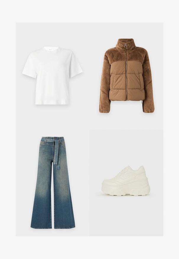 Giacca a vento marrone con una parte superiore morbida e soffice. Presenta un colletto alto, una cerniera frontale e due tasche laterali.; T-shirt bianco a maniche corte in cotone, con scollo rotondo e vestibilità comoda. Texture liscia con un design semplice e classico.; Pantaloni in denim a gamba larga con una sfumatura che va dal blu chiaro al blu scuro, vita alta, passanti per cintura e una cintura in tessuto coordinato. Finitura in denim strutturato.; Sneakers bianchi con piattaforma, caratterizzati da una parte superiore simile alla pelle liscia, forma arrotondata, collo imbottito e suola in gomma testurizzata con scanalature ben definite.
