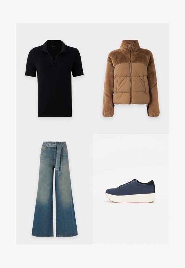 Pruun puffer-jakk, millel on pehme ja karvane ülemine osa. Omab kõrget krae, ees olevat tõmblukku ja kahte küljetaskut.; Mustat polo-särk, mis on valmistatud puuvillast, pehme kaelusega, lühikeste varrukatega ja V-kaelusega, ilma täiendavate mustrite või aktsentideta.; Laiad denimpüksid, millel on hele tume sinine gradiendiefekt, kõrge vöökoht, vöökumlid ja sobivast kangast vöö. Struktureeritud denimi viimistlus.; Tumedat sinised tennised tekstureeritud riidest pealispinnaga, valge platvormi tallaga, ümarate varvaste ja musta kontsapaneeliga. Omab kuut silma paelte jaoks.