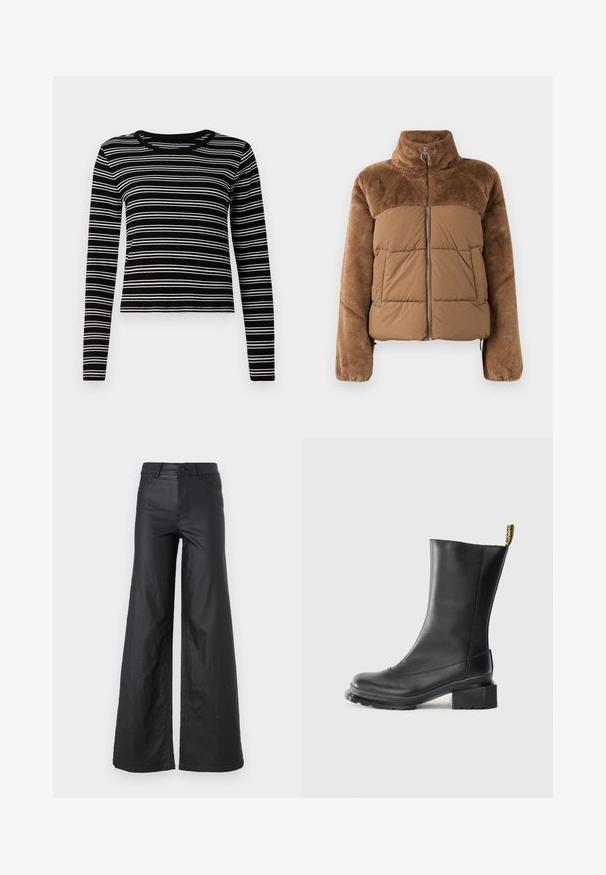 Pruun puffer-jakk, millel on pehme ja karvane ülemine osa. Omab kõrget krae, ees olevat tõmblukku ja kahte küljetaskut.; Pikendusega must-valge triibuline topp, millel on soonikkoes tekstuur ja ümar kaelus, omades ühtlasi horisontaalseid triibe.; Mustad, laiad püksid kunstnahast. Omab kõrget vööd, vöökotte, kahte esipoolset taskut ja õmmeldud detaile.; Must küljelöga mustast nahast mingit tallaga, sile tekstuur, ümar varvas ja kannatab järsk tab, millel on kollane bränding.