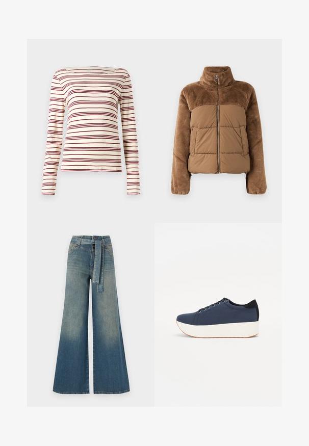 Brown puffer jacket with a soft, fluffy upper section. Features a high collar, front zipper, and two side pockets.; Long-sleeve top in cream with maroon horizontal stripes; boat neckline; soft fabric; fitted design with slight stretch.; Wide-leg denim trousers featuring a light to dark blue gradient, high waist, belt loops, and a matching fabric belt. Textured denim finish.; Navy blue sneaker with a textured fabric upper, white platform sole, rounded toe, and black heel accent. Features six eyelets for laces.