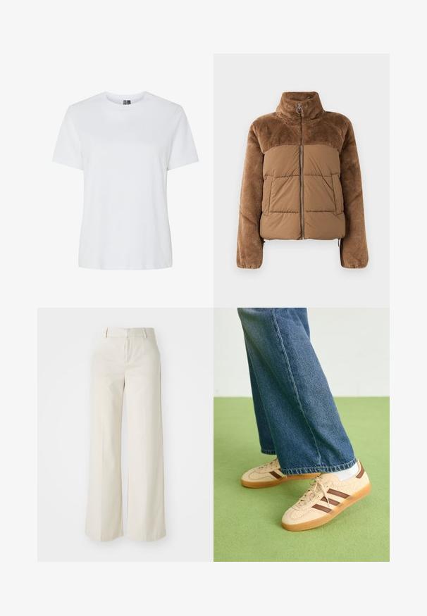 Brown puffer jacket with a soft, fluffy upper section. Features a high collar, front zipper, and two side pockets.; White cotton T-shirt with short sleeves and a crew neckline. Smooth texture, relaxed fit, and no visible patterns or accents.; Wide-leg trousers in a light beige color, made of a smooth fabric. Features a classic waistband and flat front with clean lines.; Beige sneakers with textured cream panels and brown stripes, paired with blue denim jeans. The jeans have a wide leg and frayed hem.